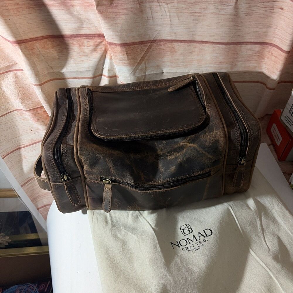 NOMAD Crafts Premium Leather Travel Toiletry Shaving Bag- 100% Leather Zipper